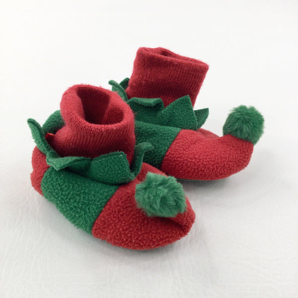 Elf Red & Green Fleece Christmas Booties - Boys/Girls 0-3 Months