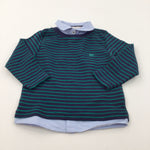 Bulldog Motif Navy & Green Striped Long Sleeve Top with Faux Shirt Collar & Hem - Boys 18-24 Months