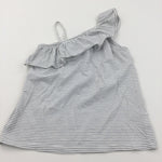 Grey & White Asymmetrical Frill Neck Sleeveless Top - Girls 10 Years