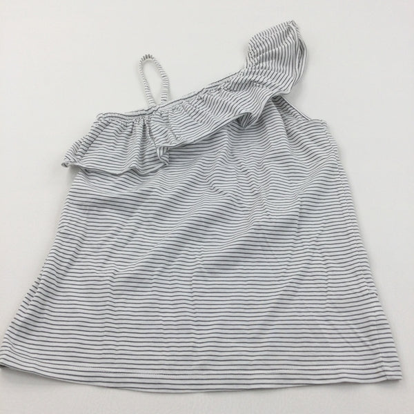 Grey & White Asymmetrical Frill Neck Sleeveless Top - Girls 10 Years