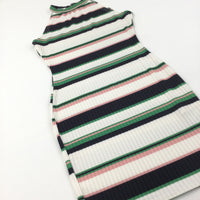 White, Green & Pink Stripe Dress - Girls 10-11 Years