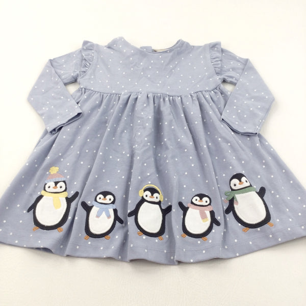 Penguins Appliqued Spotty Blue Grey Jersey Christmas Dress - Girls 12-18 Months