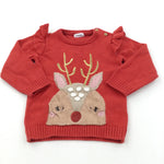 Sparkly Rudolph Reindeer Appliqued Red Christmas Jumper - Girls 12-18 Months