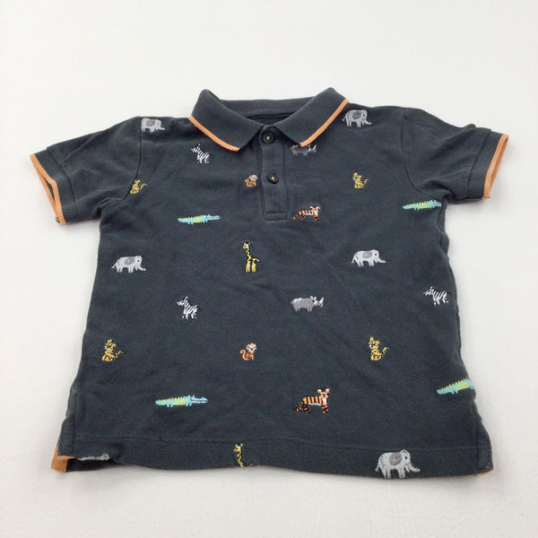 Embroidered Animals Black & Orange Polo Shirt - Boys 18-24 Months