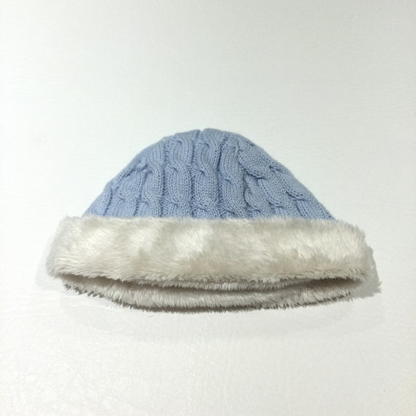 Blue Cable Knit Hat with White Velour Lining & Trim - Boys Newborn