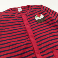 Christmas Pudding Appliqued Red & Navy Striped Babygrow - Boys/Girls 18-24 Months