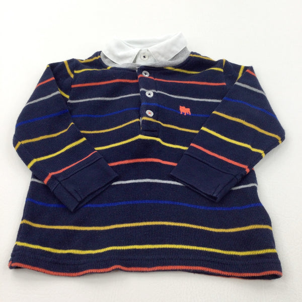 Bulldog Motif Colourful Striped Navy Polo Shirt Top - Boys 18-24 Months