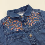 Flowers Embroidered Denim Effect Cotton Shirt Dress - Girls 18-24 Months