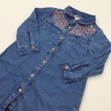 Flowers Embroidered Denim Effect Cotton Shirt Dress - Girls 18-24 Months