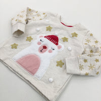 Polar Bear & Stars Appliqued Oatmeal Lightweight Christmas Sweatshirt - Girls 9-12 Months