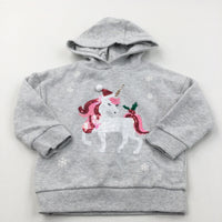 Sequins Unicorn & Holly Grey Christmas Hoodie Sweatshirt - Girls 18-24 Months