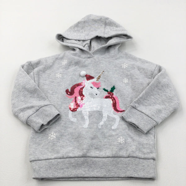 Sequins Unicorn & Holly Grey Christmas Hoodie Sweatshirt - Girls 18-24 Months