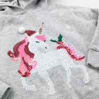 Sequins Unicorn & Holly Grey Christmas Hoodie Sweatshirt - Girls 18-24 Months