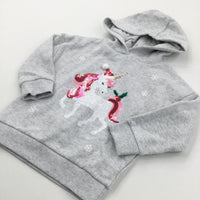 Sequins Unicorn & Holly Grey Christmas Hoodie Sweatshirt - Girls 18-24 Months