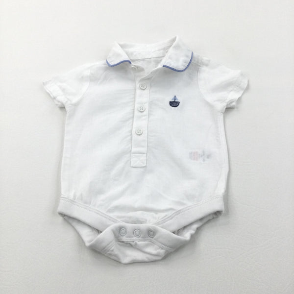 Boat Embroidered White Shirt Style Short Sleeve Bodysuit - Boys Newborn