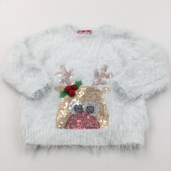 Holly Appliqued Sequins Reindeer White Fluffy Knitted Christmas Jumper - Girls 18-24 Months