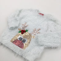 Holly Appliqued Sequins Reindeer White Fluffy Knitted Christmas Jumper - Girls 18-24 Months