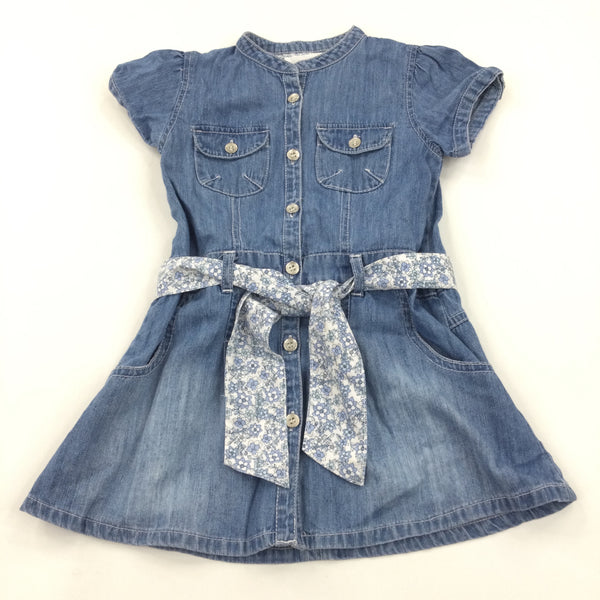 Mid Blue Denim Lightweight Denim Dress with Fabric Belt - Girls 12-18 Months