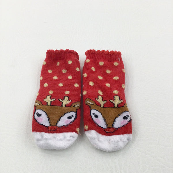 Reindeer Sparkly Red & Gold Christmas Socks - Boys/Girls 3-9 Months