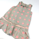 Coral Pink Spots Beige Cotton Dress - Girls 9-12m