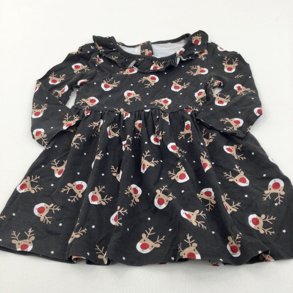 Rudolph Reindeer Black Jersey Dress - Girls 12-18 Months