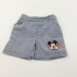 Mickey Mouse Embroidered Navy & White Striped Lightweight Cotton Shorts - Boys 9-12 Months