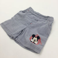 Mickey Mouse Embroidered Navy & White Striped Lightweight Cotton Shorts - Boys 9-12 Months