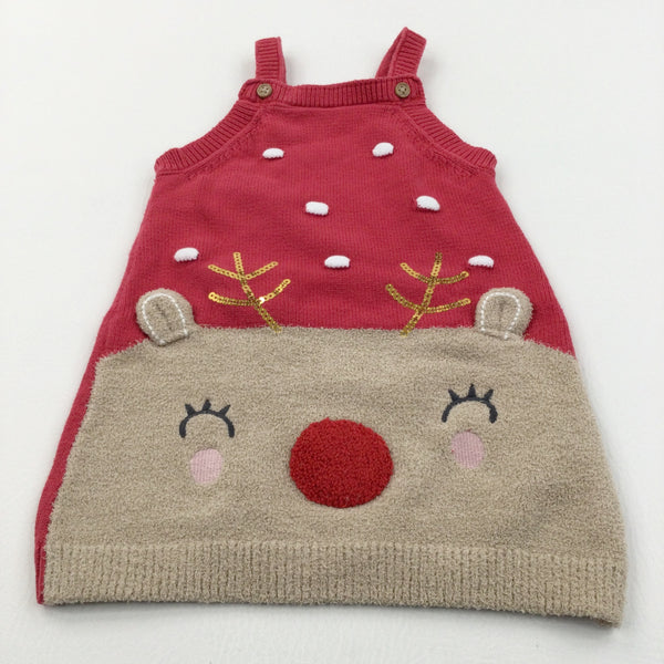 Rudolph Reindeer Sequins Red Knitted Christmas Dress - Girls 12-18 Months