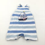 Bear & Sailing Boat Appliqued Blue & White Striped Jersey Short Dungarees - Boys 3-6 Months