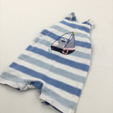 Bear & Sailing Boat Appliqued Blue & White Striped Jersey Short Dungarees - Boys 3-6 Months