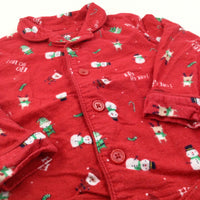 'Ho Ho Ho' Father Christmas & Snowman Red Flannel Pyjamas - Boys/Girls 9-12 Months