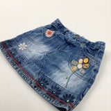 Flowers Embroidered Blue Denim Skirt - Girls 2-3 Years