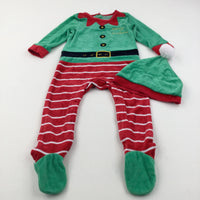 Elf Green, Red & White Velour Christmas Babygrow - Boys/Girls 18-24 Months