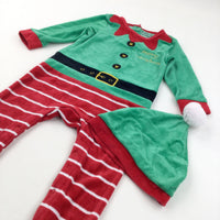 Elf Green, Red & White Velour Christmas Babygrow - Boys/Girls 18-24 Months