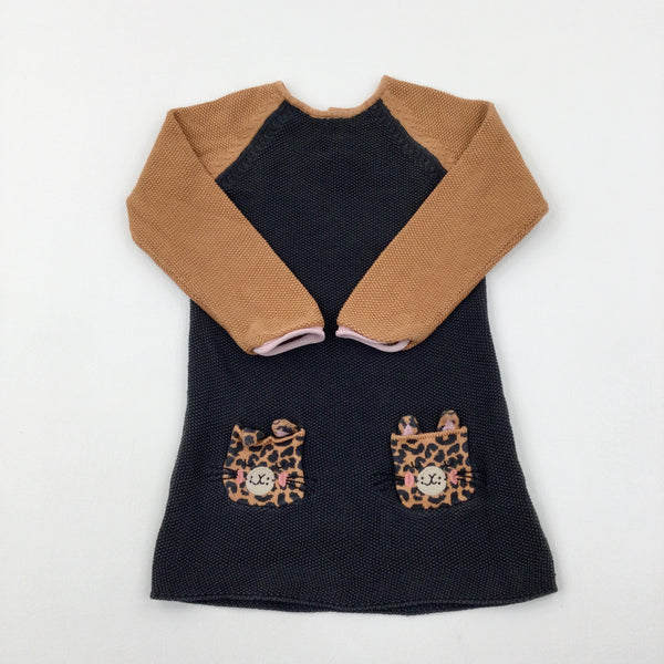 Animal Pockets Tan & Grey Knitted Dress - Girls 2-3 Years