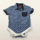 Stars White & Blue Cotton Shirt Style Short Sleeve Bodysuit - Boys 3-6 Months