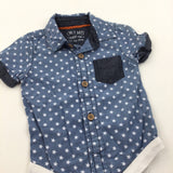 Stars White & Blue Cotton Shirt Style Short Sleeve Bodysuit - Boys 3-6 Months