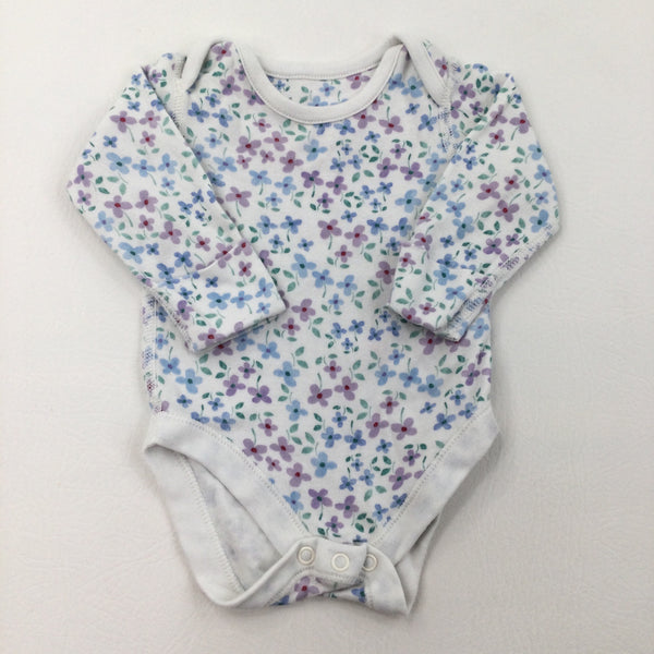 Blue & Purple Flowers White Long Sleeve Bodysuit - Girls 0-3 Months