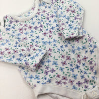 Blue & Purple Flowers White Long Sleeve Bodysuit - Girls 0-3 Months