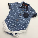 Stars White & Blue Cotton Shirt Style Short Sleeve Bodysuit - Boys 3-6 Months