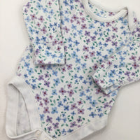 Blue & Purple Flowers White Long Sleeve Bodysuit - Girls 0-3 Months