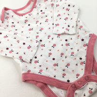 Pink Flowers White Long Sleeve Bodysuit - Girls 0-3 Months