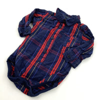 Navy< Red & Yellow Checked Shirt Style Long Sleeve Bodysuit - Boys 6-9 Months