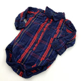 Navy< Red & Yellow Checked Shirt Style Long Sleeve Bodysuit - Boys 6-9 Months