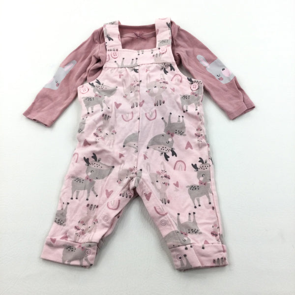 Deer & Rainbows Pink Jersey Dungarees & Long Sleeve Bodysuit Set - Girls 3-6 Months