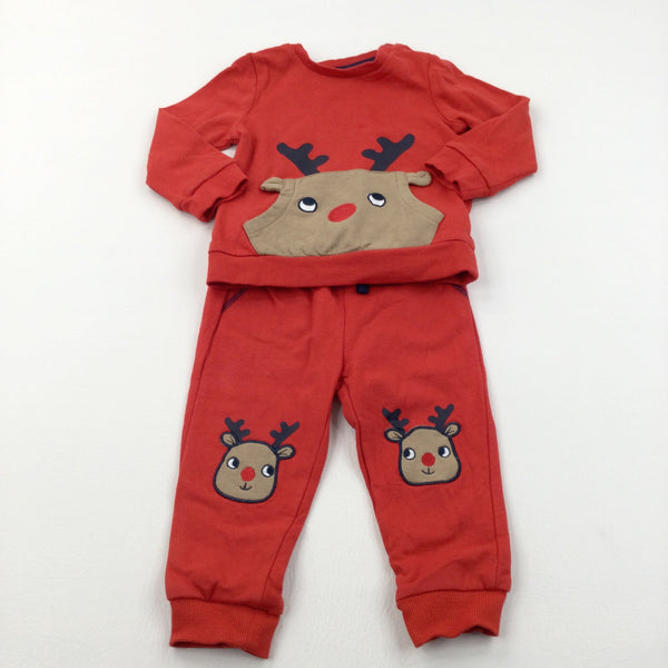 Reindeer Pocket Red Christmas Hoodie Tracksuit Set - Boys/Girls 9-12 Months