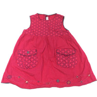 Flowers Embroidered Pink & Blue Cotton Sun Dress with Button Up Back - Girls 9-12 Months