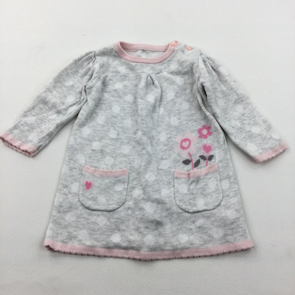 Flowers Pink, White & Grey Knitted Dress - Girls 3-6 Months