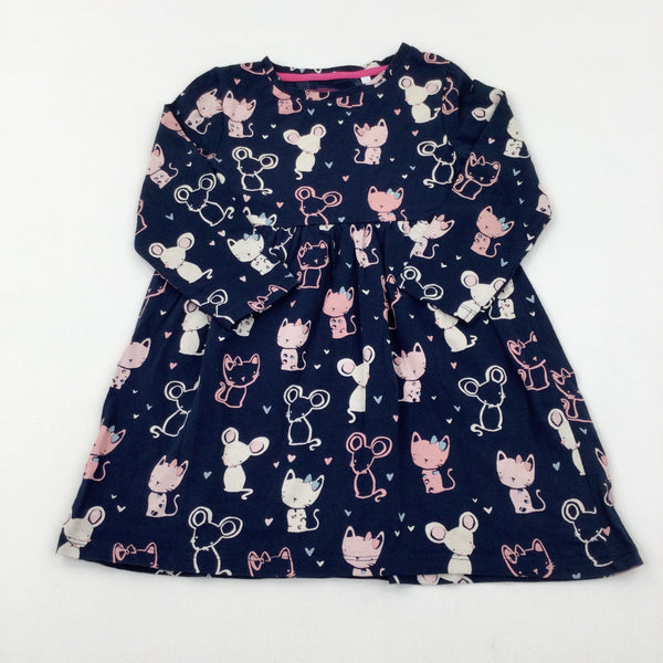 Cats & Mice Navy Dress - Girls 3-4 Years