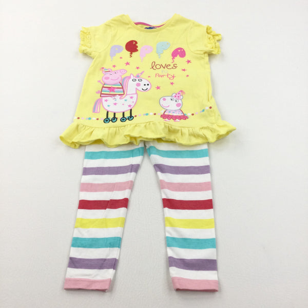 'Peppa Loves To Party' Peppa Pig Yellow T-Shirt & Colourful Leggings Set - Girls 12-18 Months